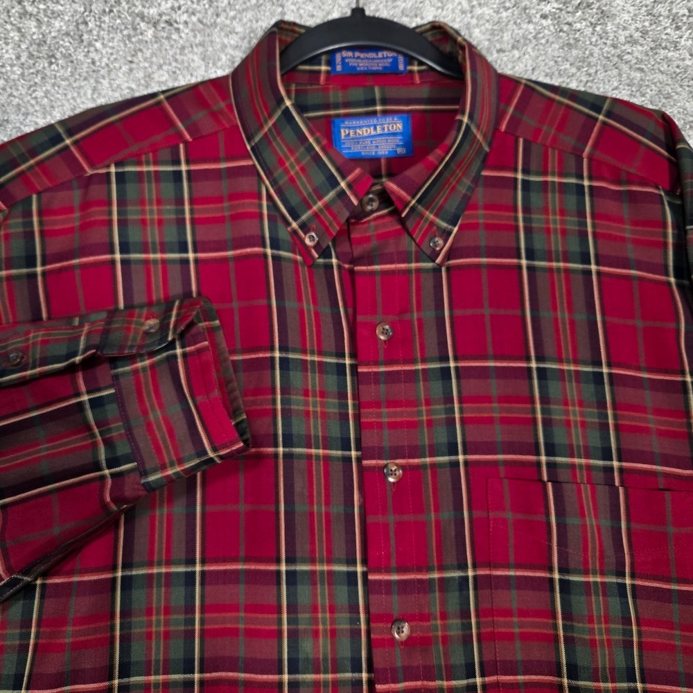 Vintage Sir Pendleton Shirt Mens XL Red Green Pure Virgin worsted‎ Wool Plaid